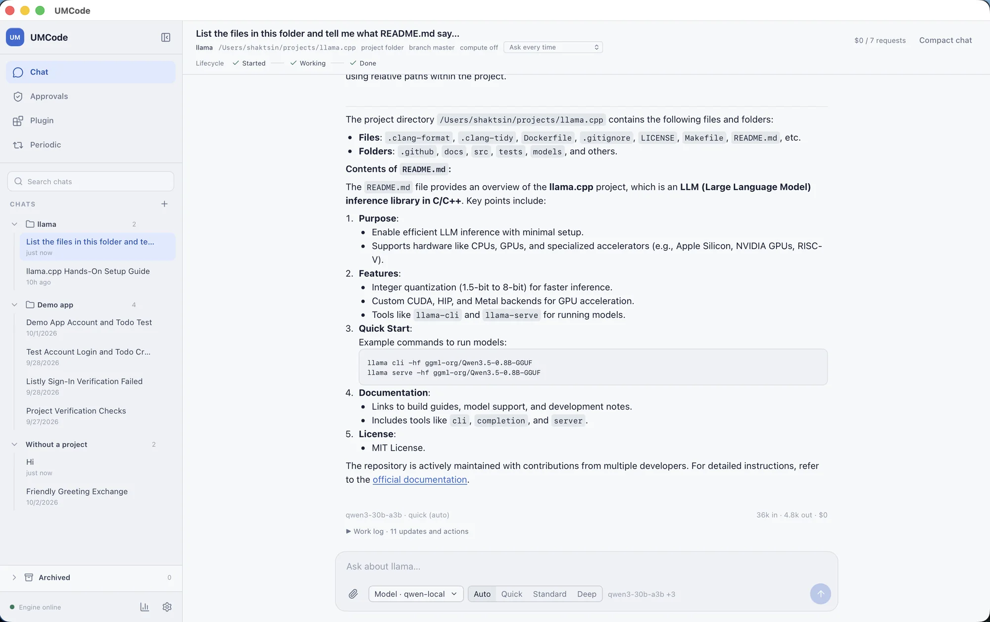 The UMCode window: a project list in the sidebar, a chat about a llama.cpp project folder with a work log and a token and cost line under the reply, and a message box with model and effort selectors.